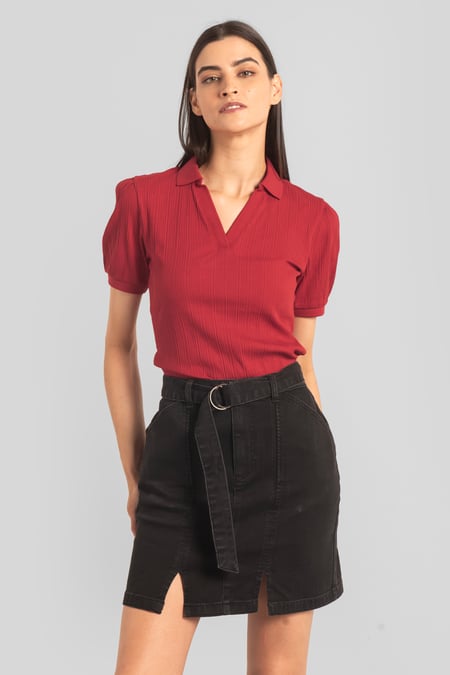 Womens Red Puff Sleeve V-Neck Polo Shirt