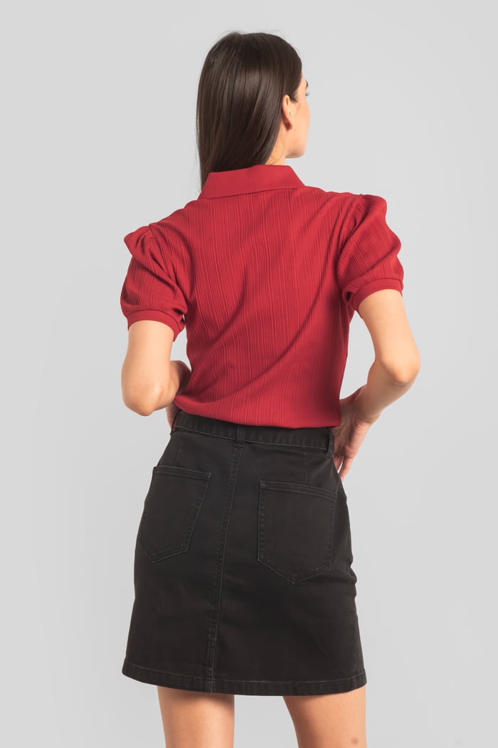 Womens Puff Sleeve V-Neck Polo Shirt