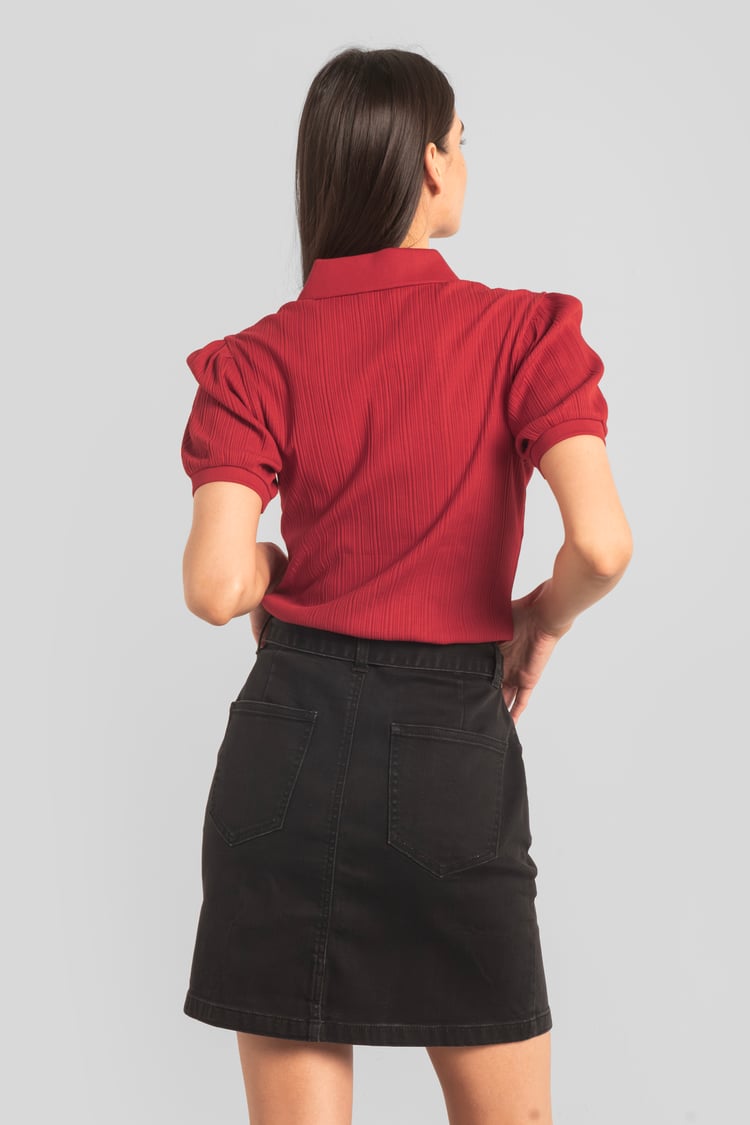 Womens Puff Sleeve V-Neck Polo Shirt