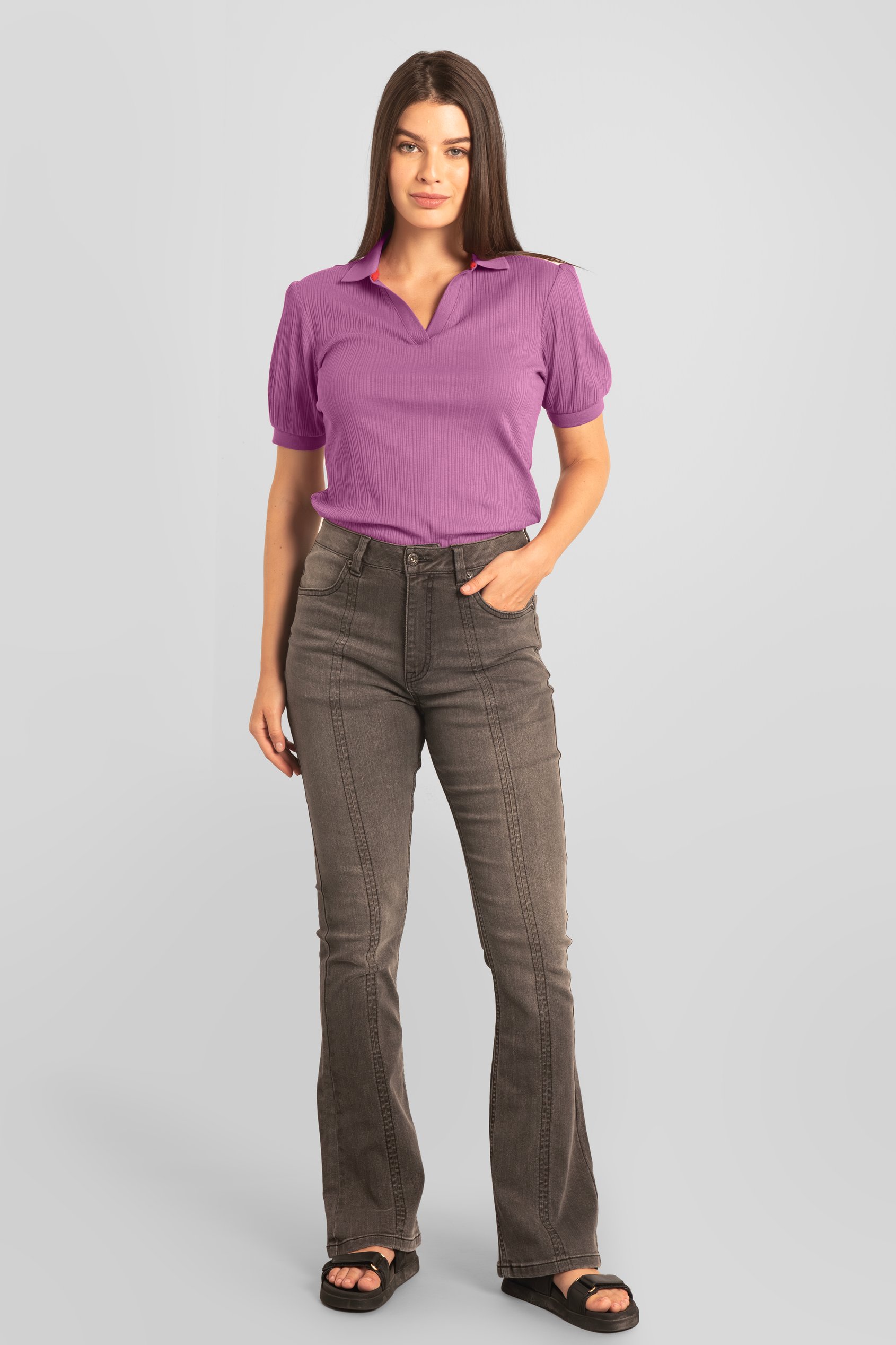 Womens Puff Sleeve V-Neck Polo Shirt