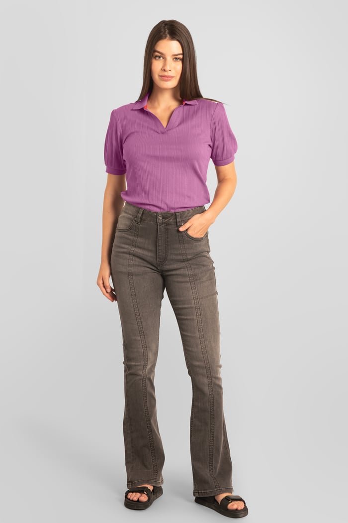 Womens Puff Sleeve V-Neck Polo Shirt