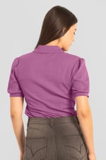 Womens Puff Sleeve V-Neck Polo Shirt