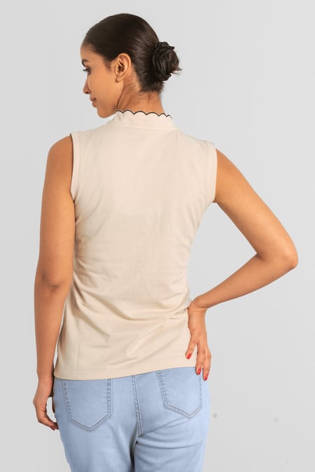 Womens Cream Regular Fit Sleeveless Pique Polo