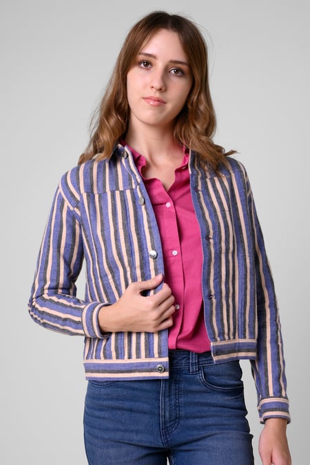 Womens White Stripe Pattern Cropped Jacket