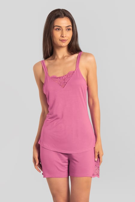 Pink Shoulder Straps Lace Up Cami Set