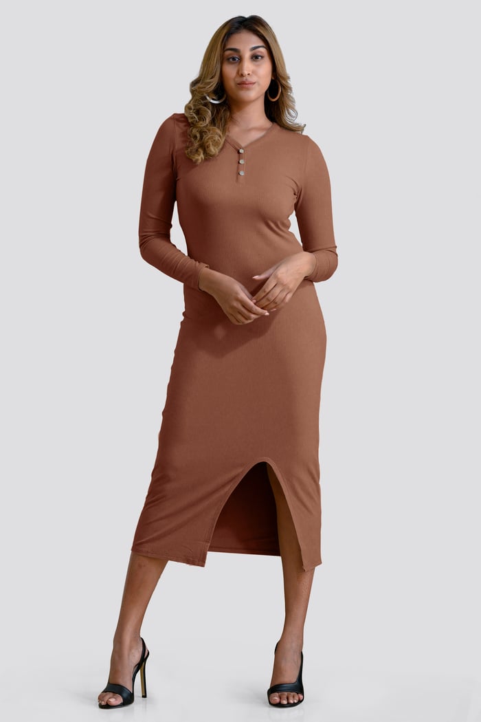Womens Front Slit Ribbed Midi Dress