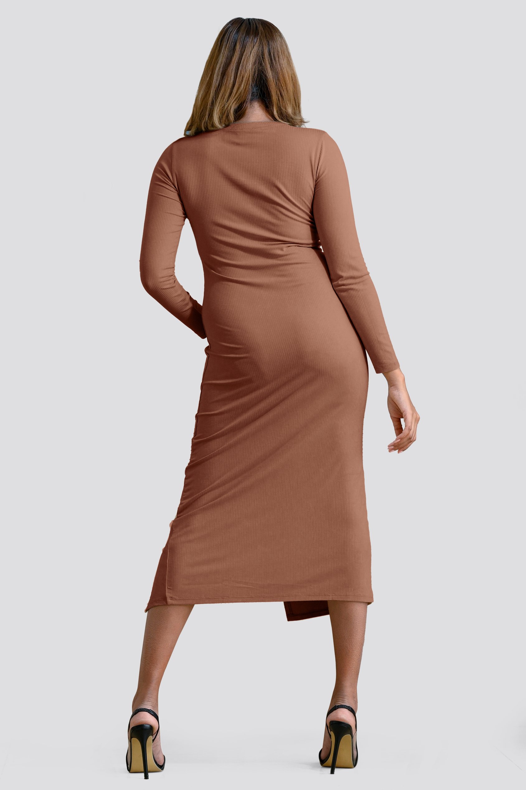 Womens Front Slit Ribbed Midi Dress