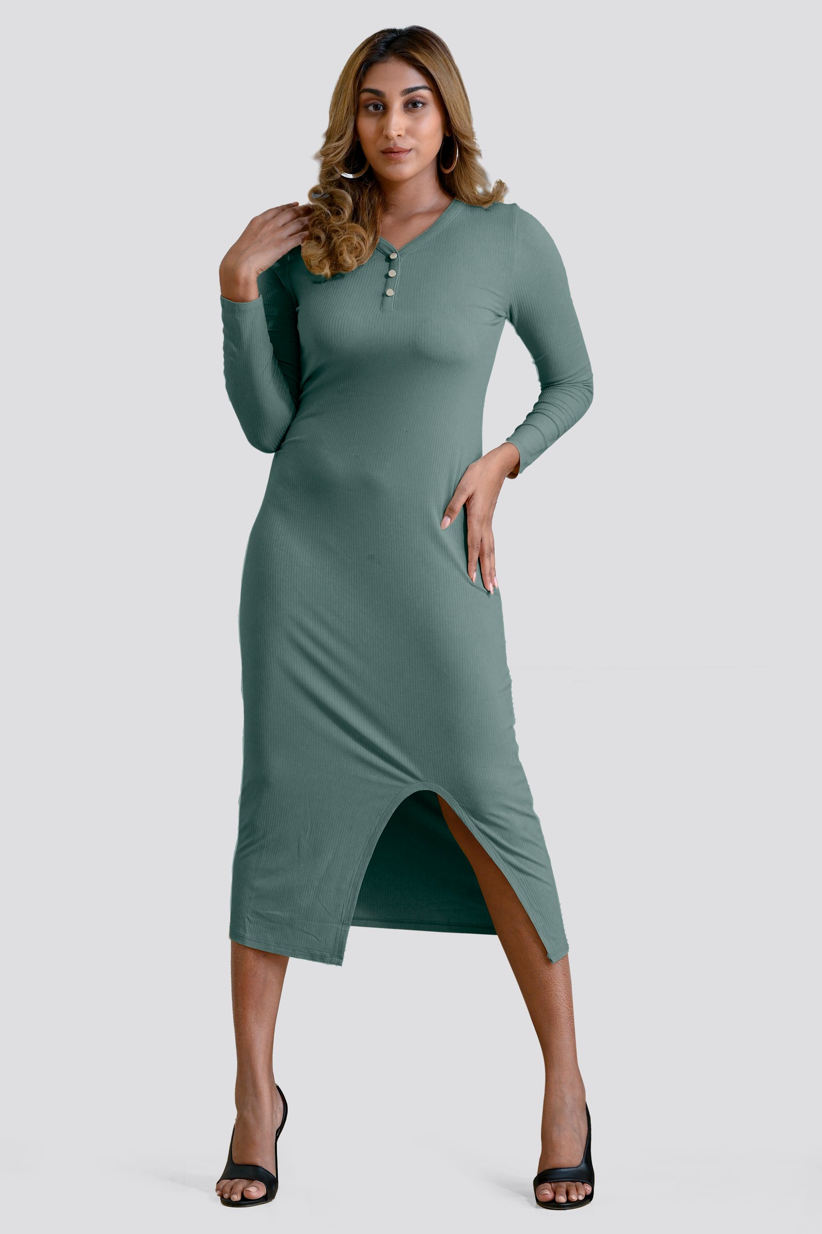 Womens Front Slit Ribbed Midi Dress