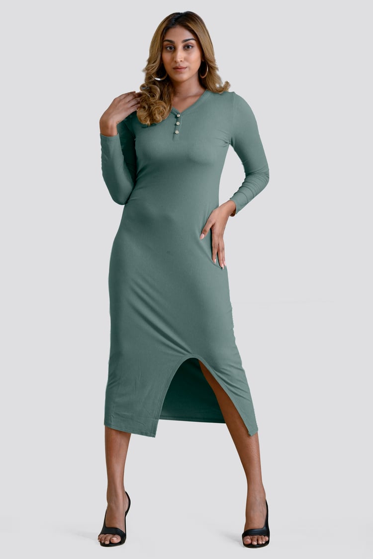 Womens Front Slit Ribbed Midi Dress