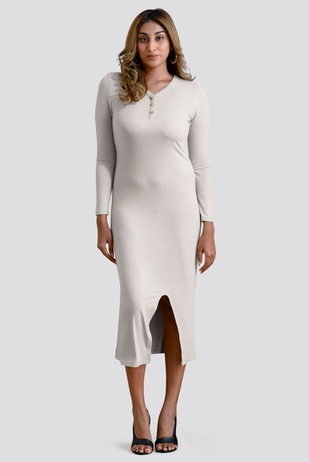Womens Cream Front Slit Ribbed Midi Dress