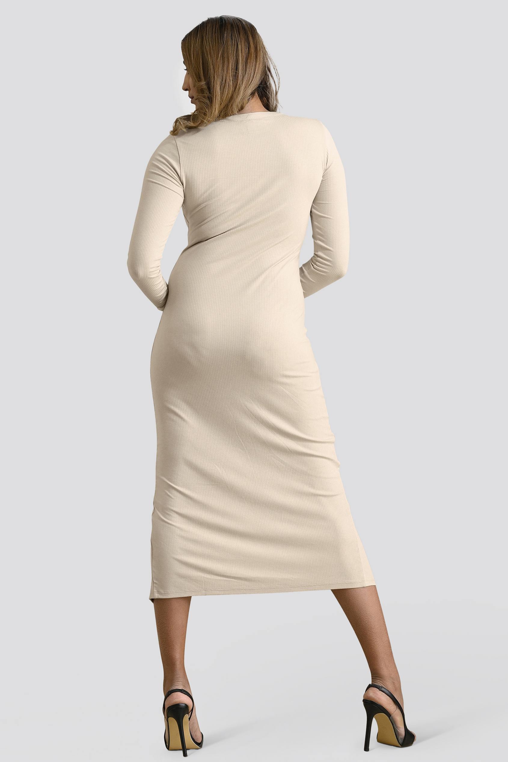 Womens Front Slit Ribbed Midi Dress