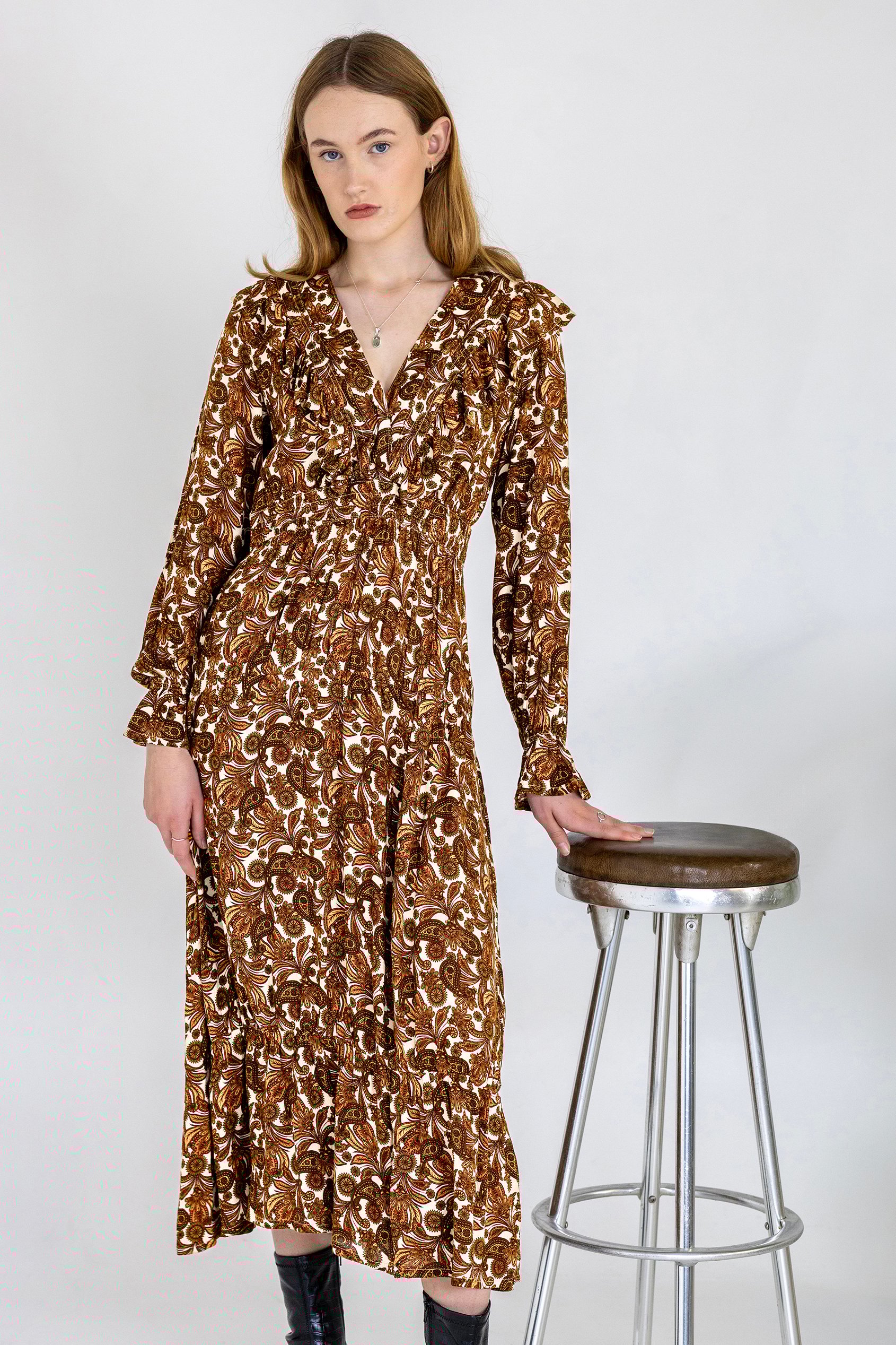 Paisley Printed Viscose Shirred Maxi Dress