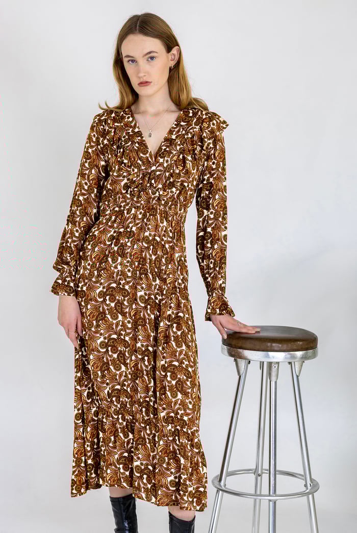 Paisley Printed Viscose Shirred Maxi Dress