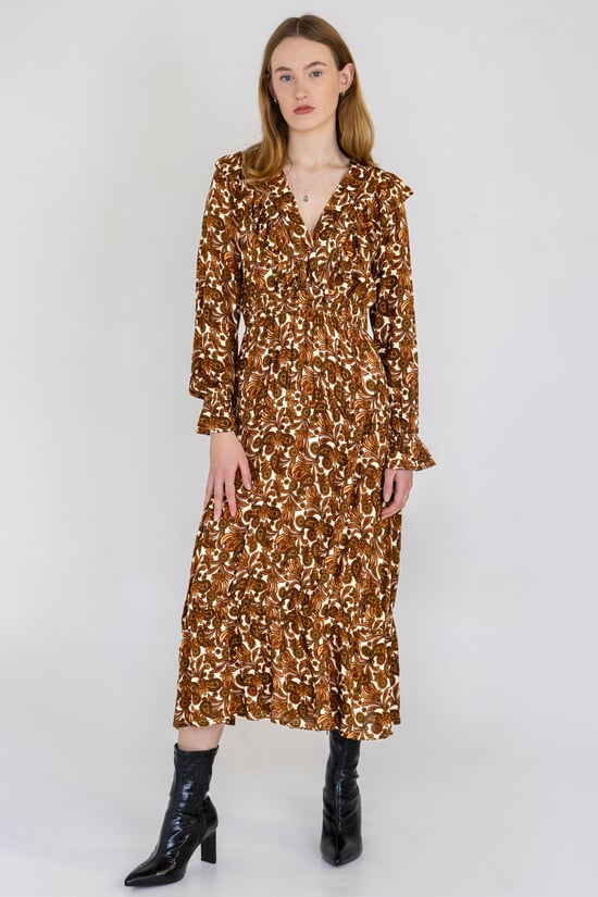 Paisley Printed Viscose Shirred Maxi Dress