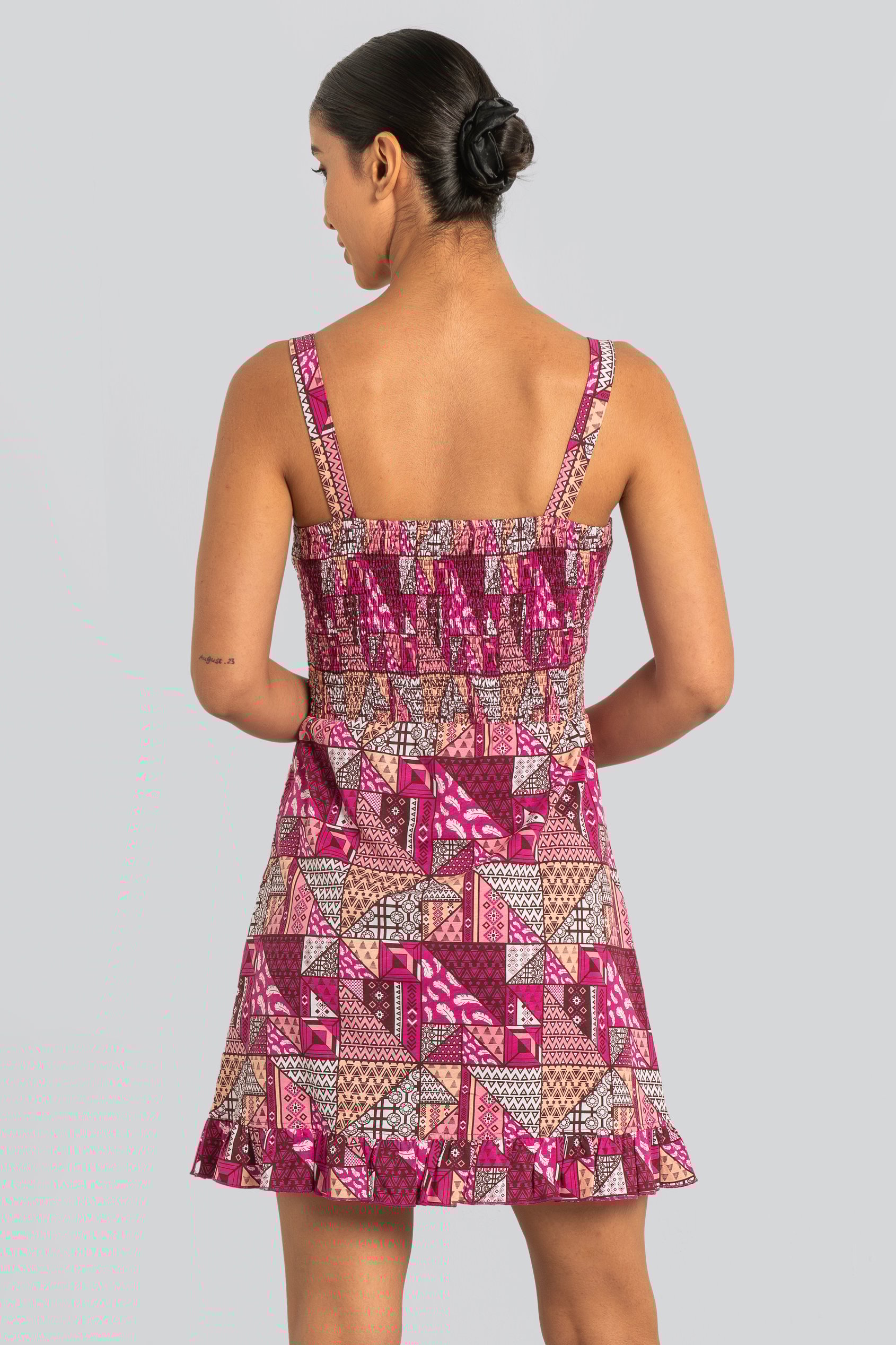 Frill Hem Smocked Back Printed Mini Dress