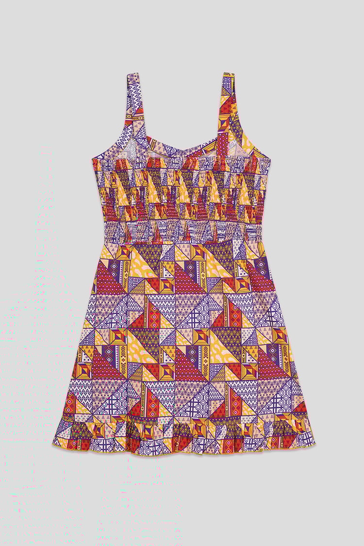 Frill Hem Smocked Back Printed Mini Dress