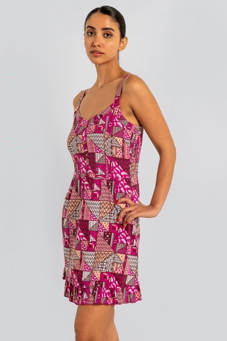 Frill Hem Smocked Back Printed Mini Dress