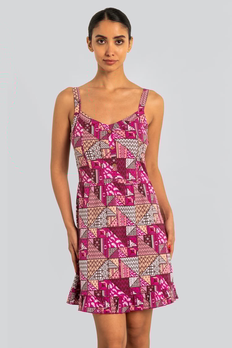 Frill Hem Smocked Back Printed Mini Dress