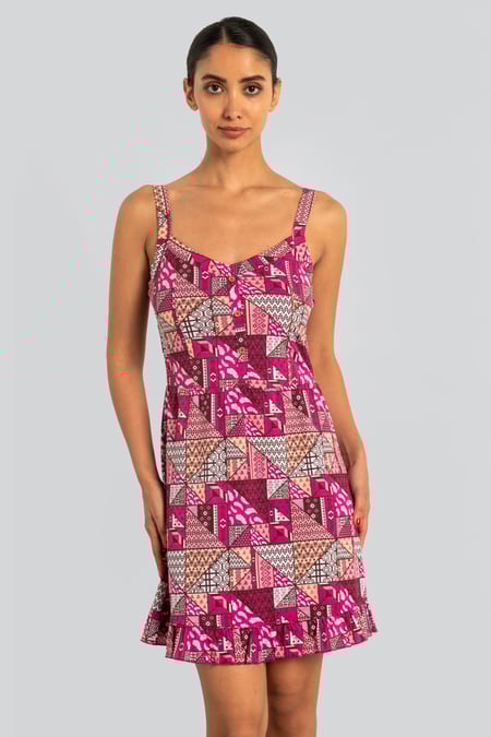 Red Frill Hem Smocked Back Printed Mini Dress