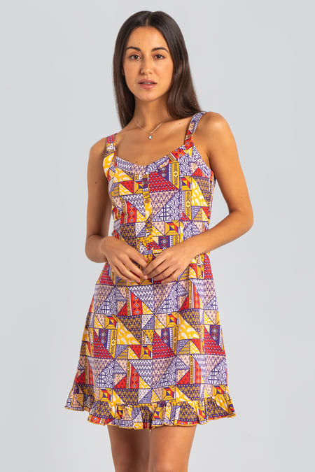 Red Frill Hem Smocked Back Printed Mini Dress