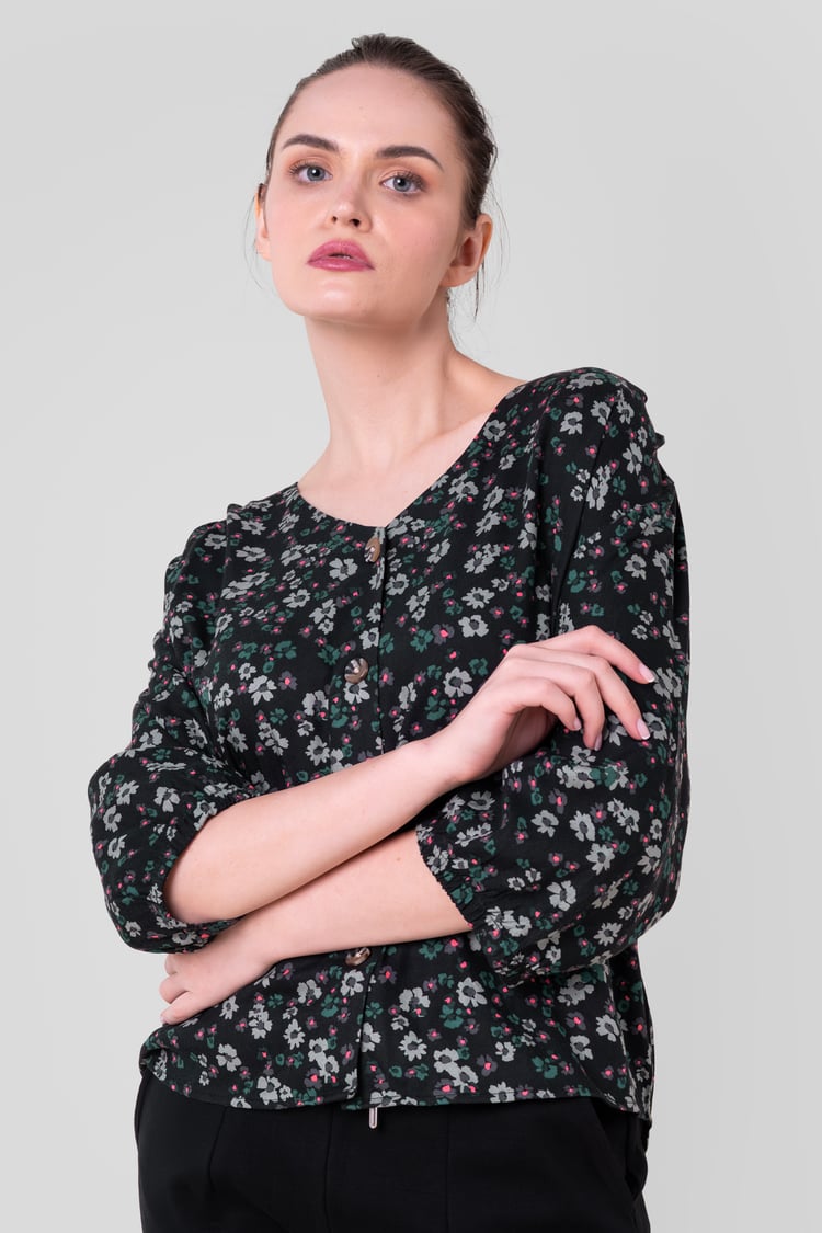 Womens Floral Print Button Front Blouse
