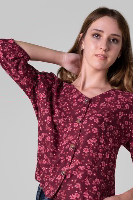 Womens Red Floral Print Button Front Blouse