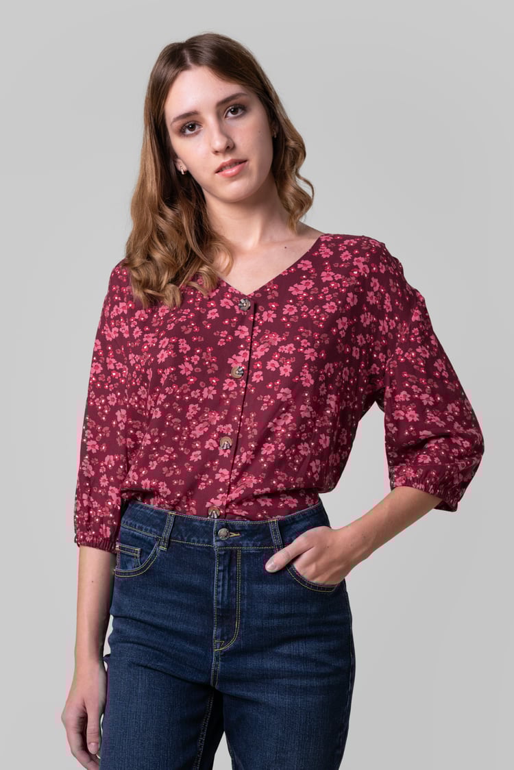Womens Floral Print Button Front Blouse