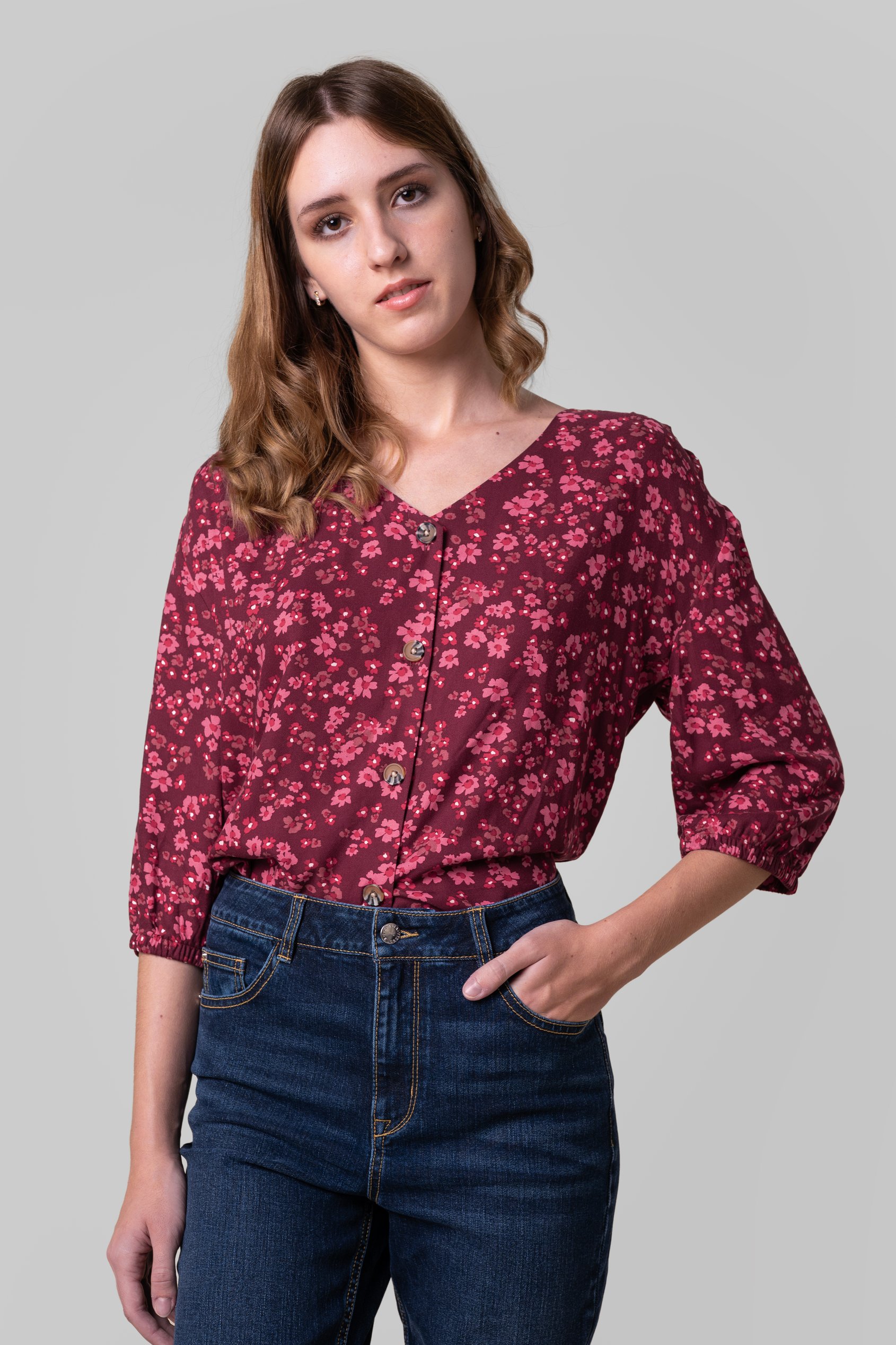 Womens Floral Print Button Front Blouse
