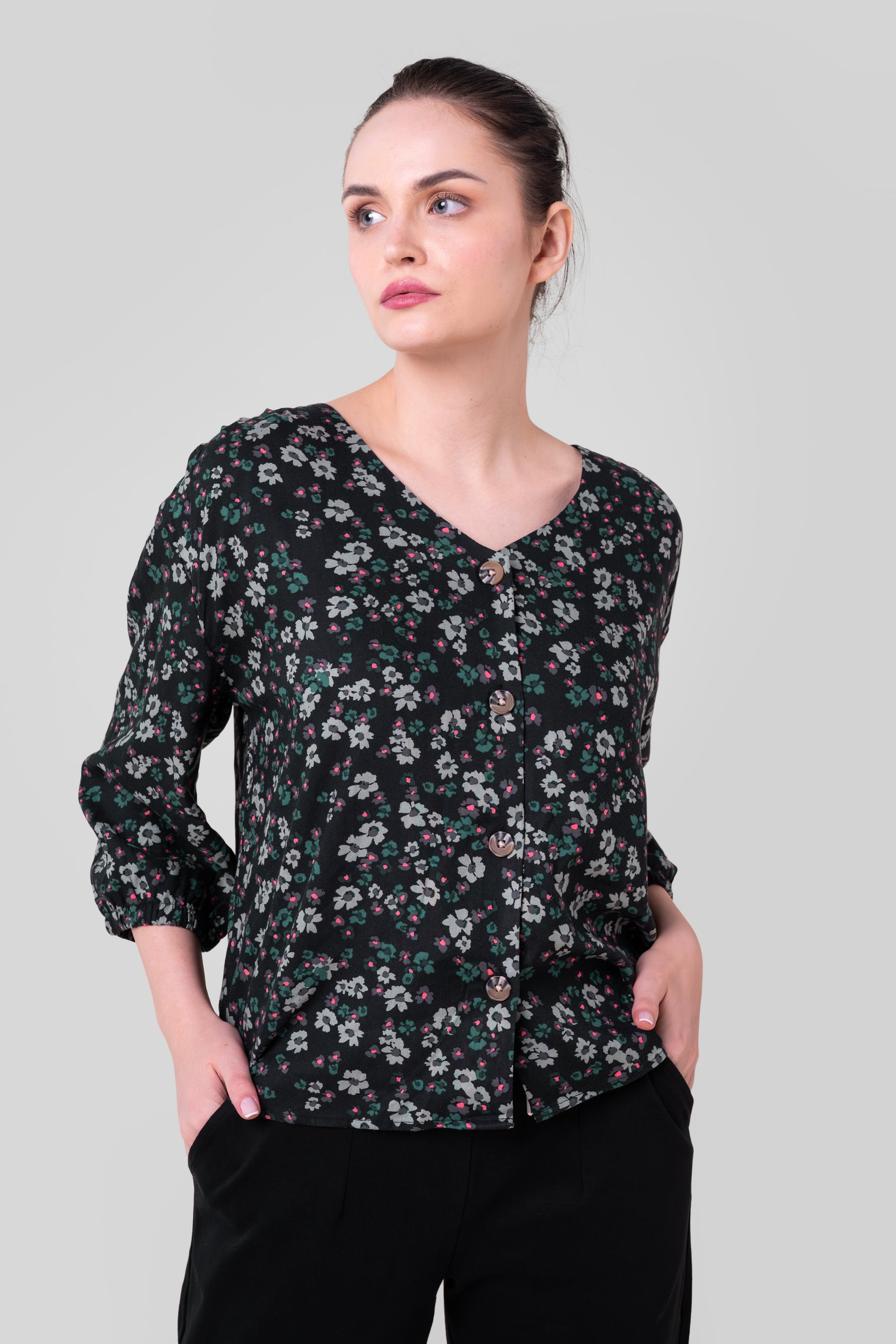 Womens Floral Print Button Front Blouse