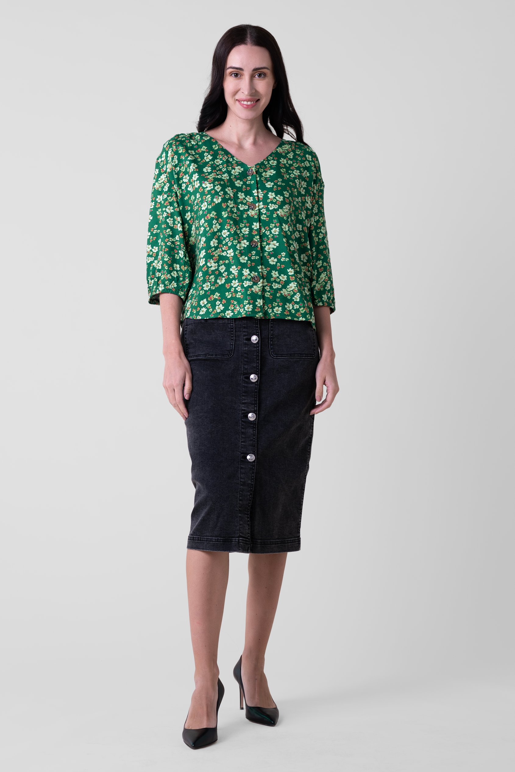 Womens Floral Print Button Front Blouse