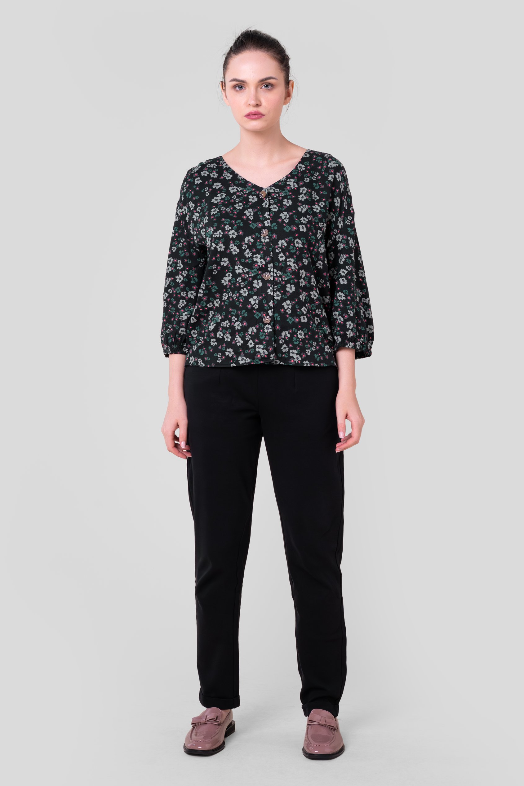 Womens Floral Print Button Front Blouse