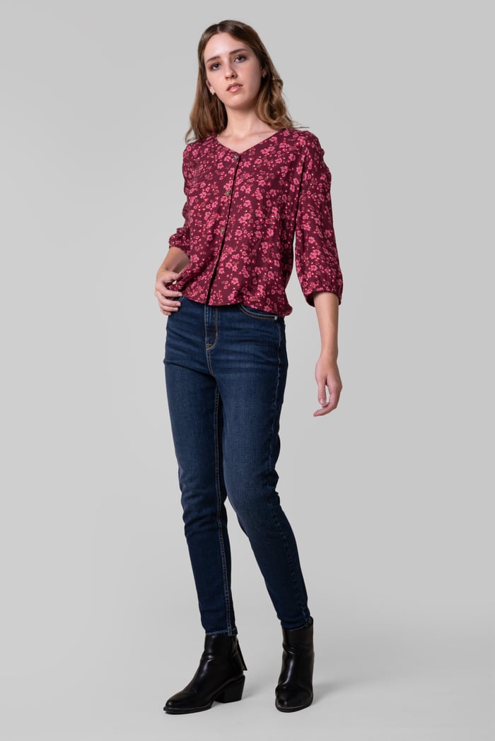 Womens Floral Print Button Front Blouse