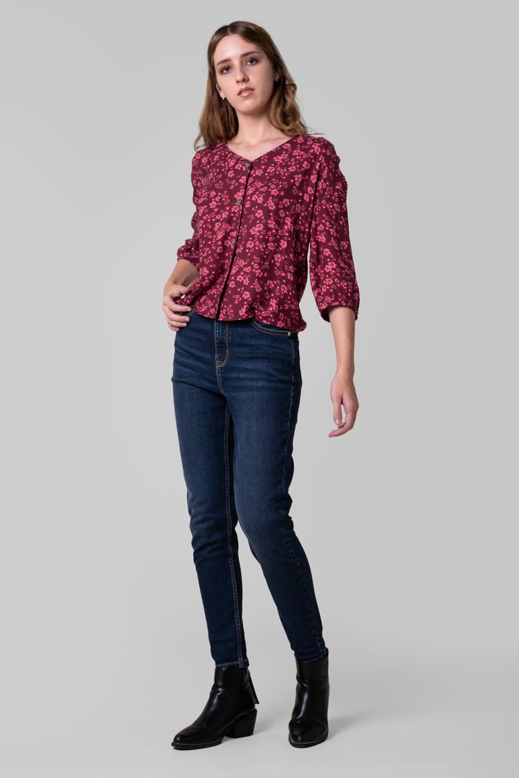 Womens Floral Print Button Front Blouse