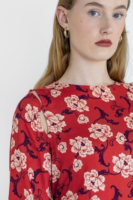 Red Floral Elegance Maxi Dress With Removable Sleeve