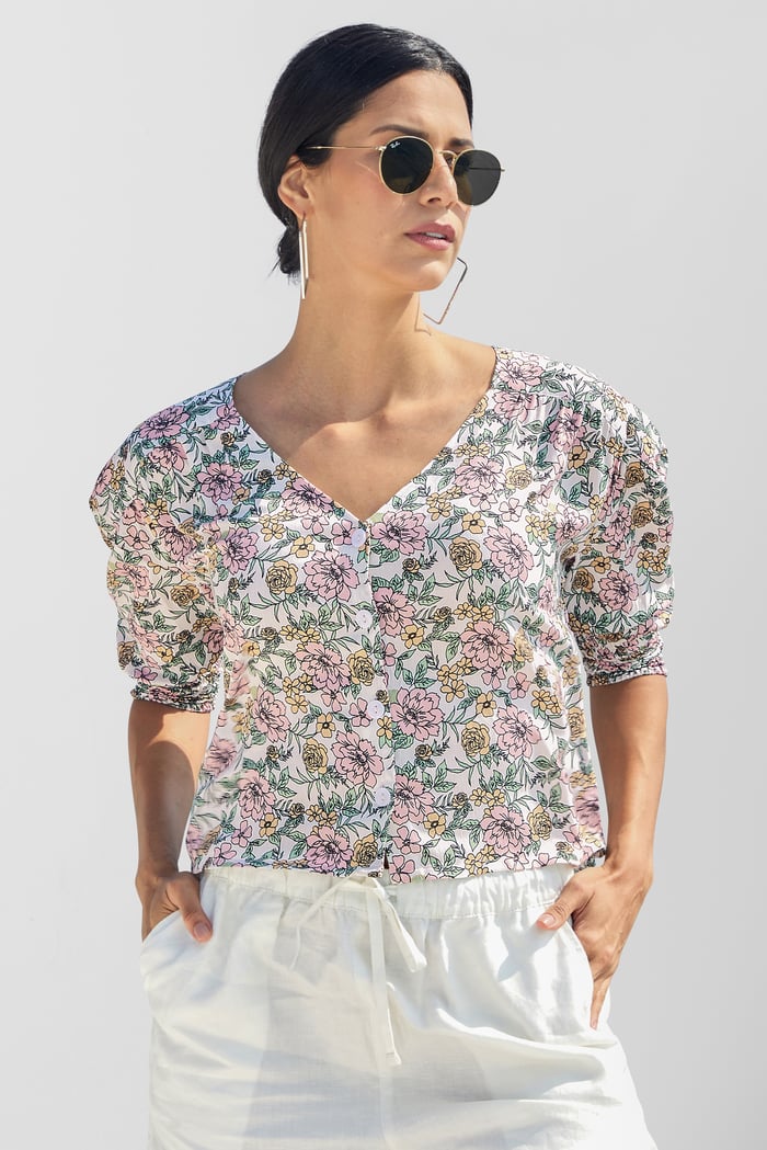 Printed Flute Sleeve Blouse