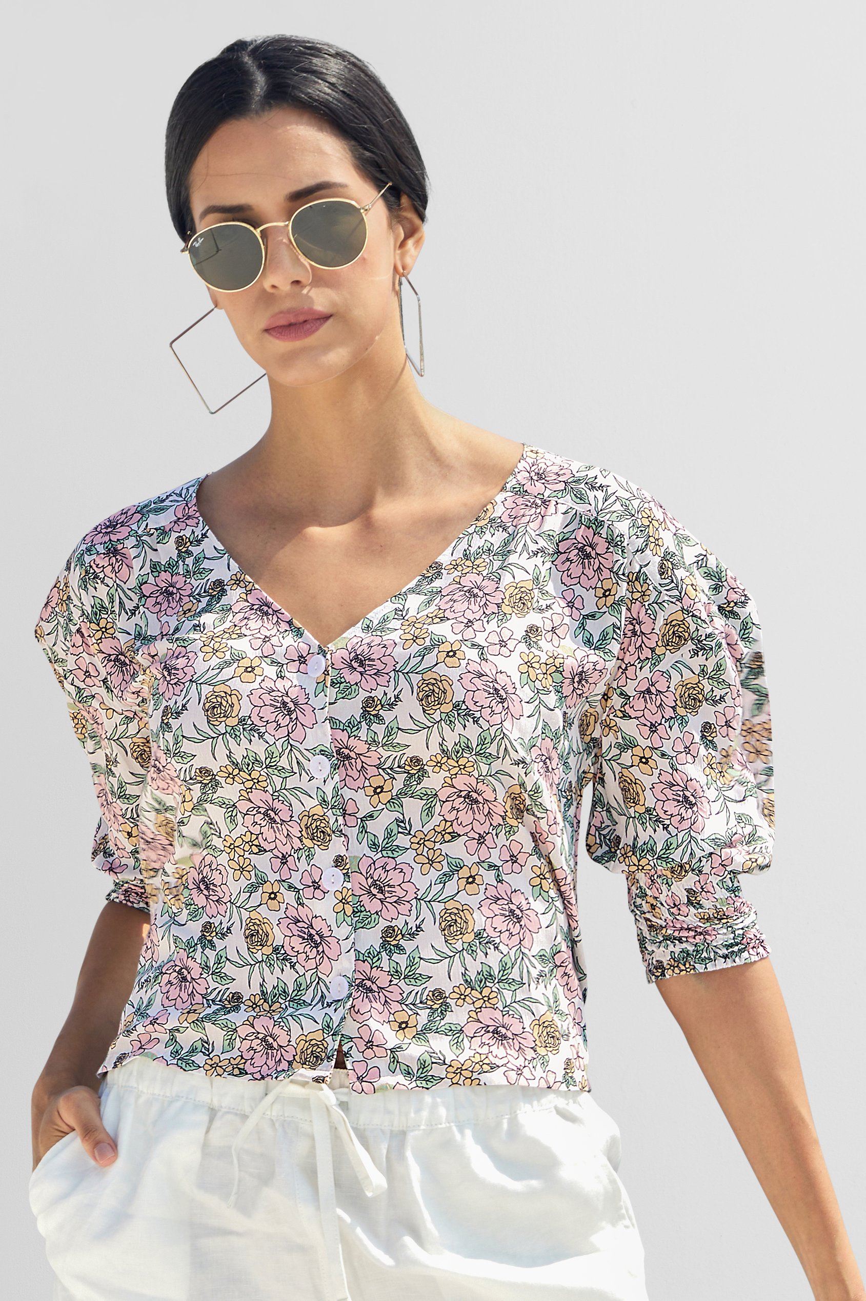 Printed Flute Sleeve Blouse