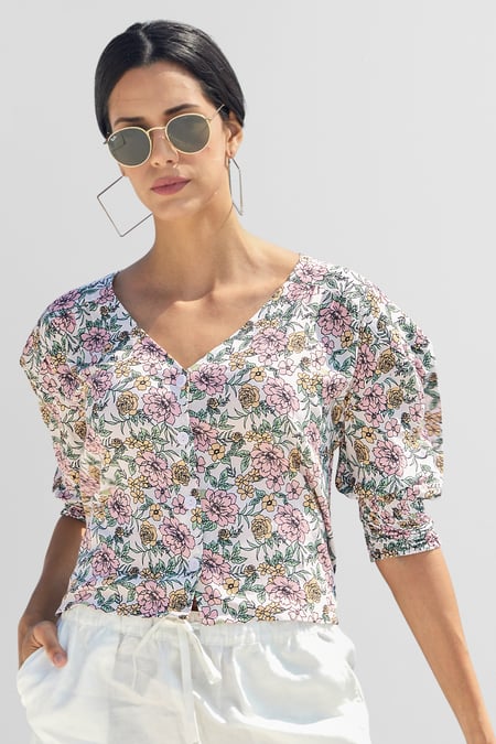 White Printed Flute Sleeve Blouse