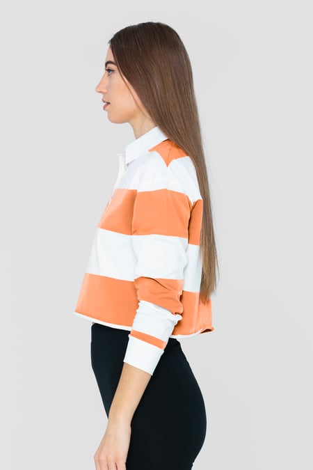 Orange Raw Edge Hem Crop Striped Poloshirt YD