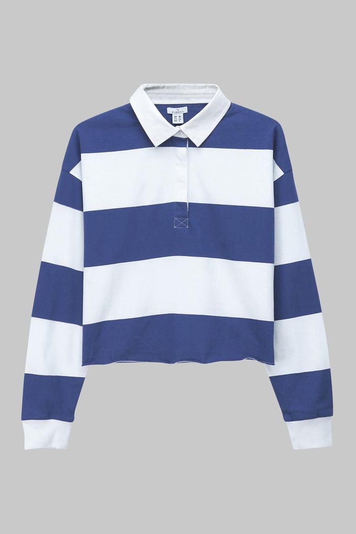 Raw Edge Hem Crop Striped Poloshirt YD