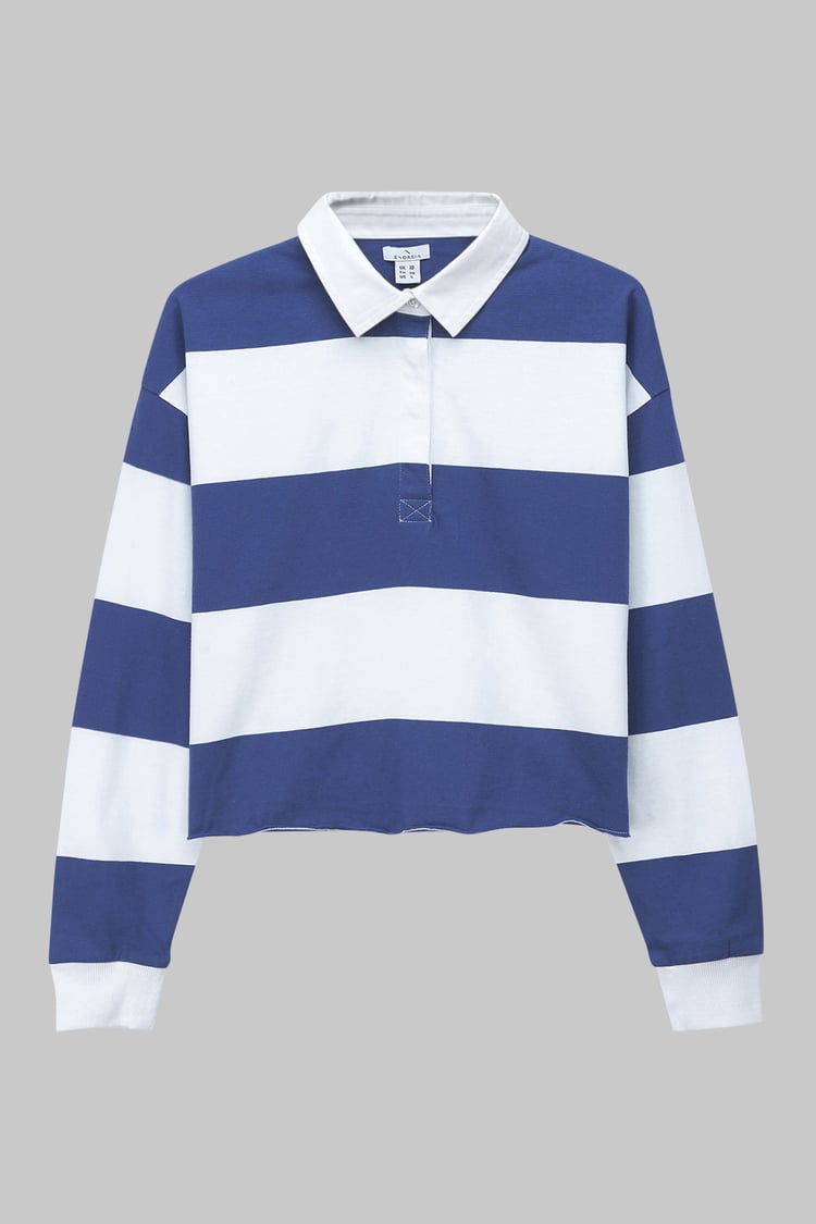 Raw Edge Hem Crop Striped Poloshirt YD