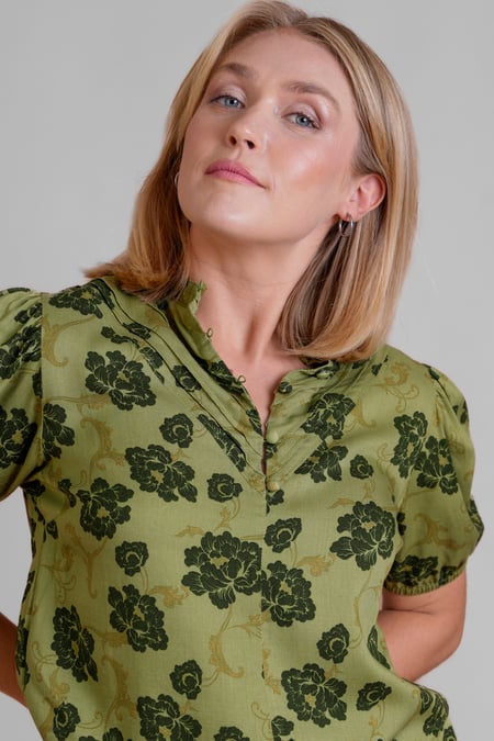 Green Floral Print Short Sleeve Tops
