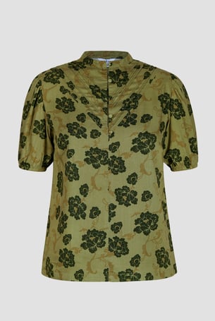 Green Floral Print Short Sleeve Tops