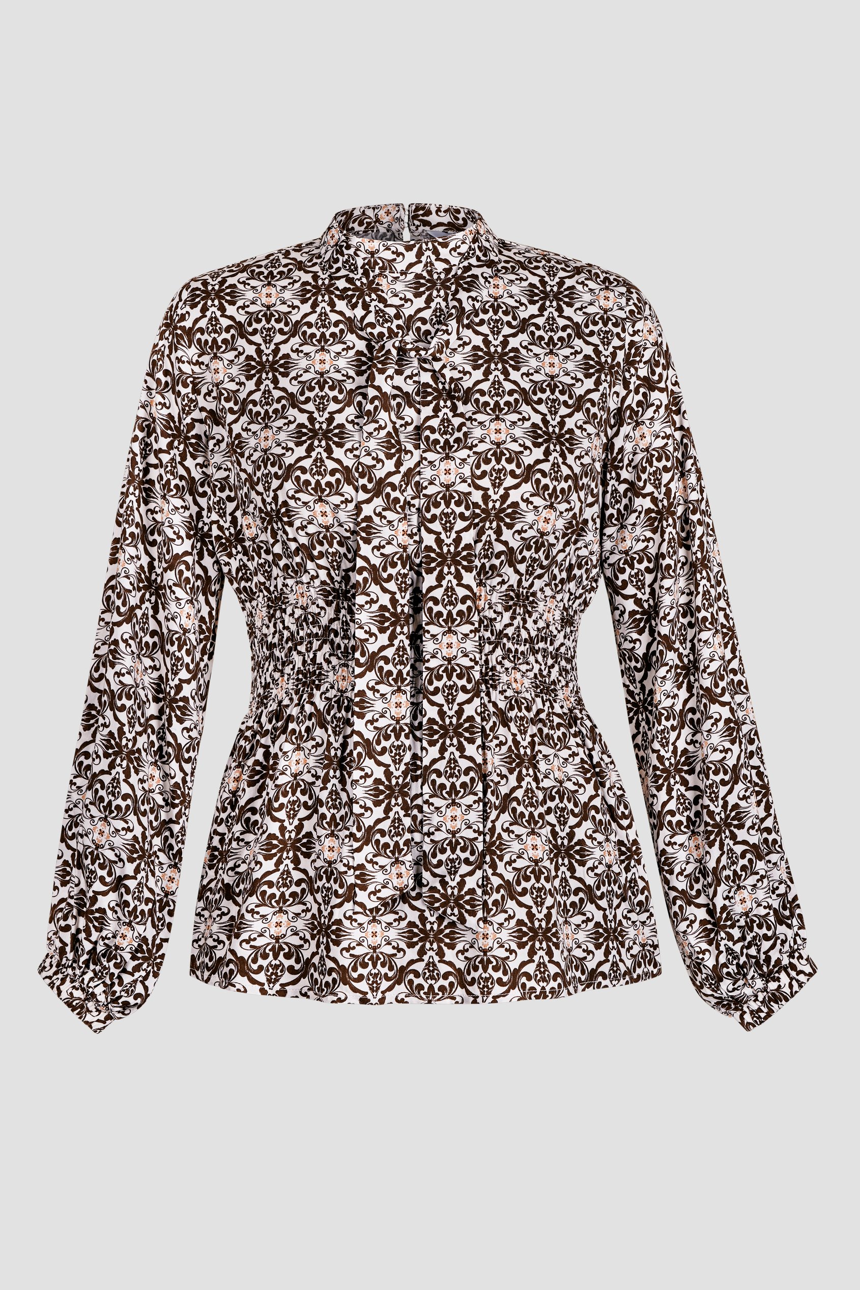 Printed Top With Band Collar And Smocked Waist