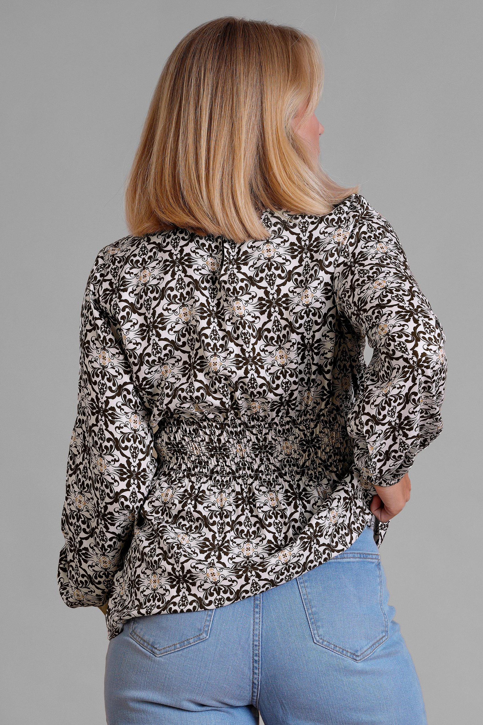 Printed Top With Band Collar And Smocked Waist