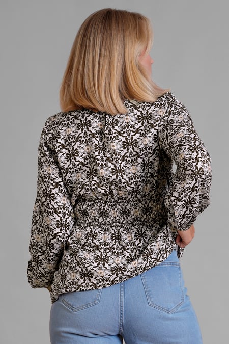 Off-white Printed Top With Band Collar And Smocked Waist