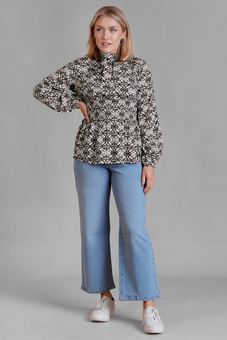 Printed Top With Band Collar And Smocked Waist