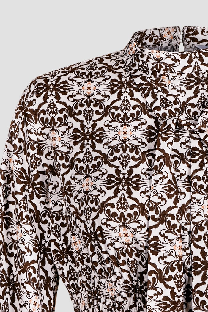 Printed Top With Band Collar And Smocked Waist