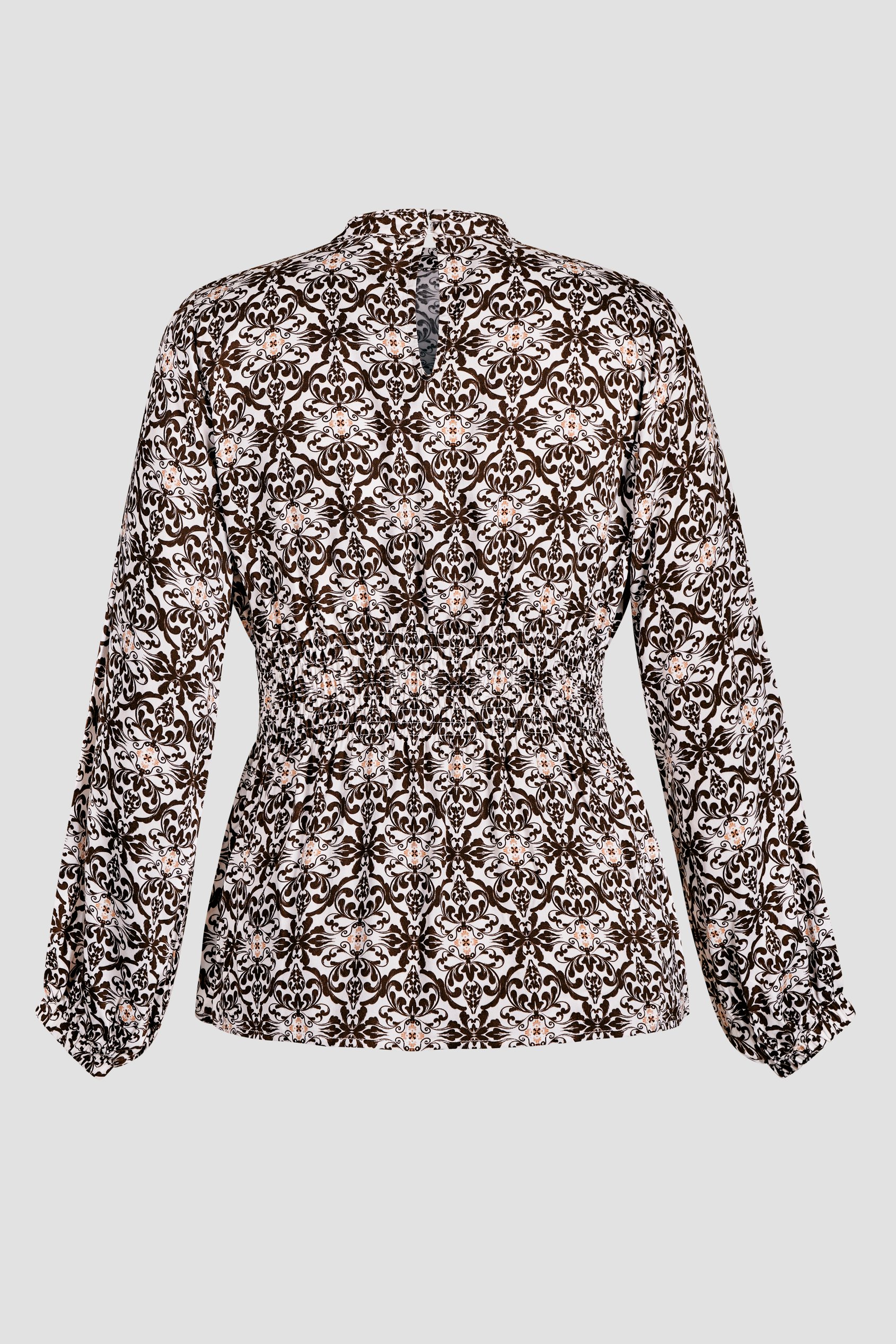 Printed Top With Band Collar And Smocked Waist