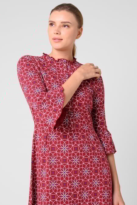 Red Ditsy Floral Flounce Sleeve Midi Dress