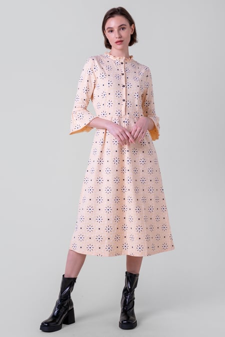 Cream Ditsy Floral Flounce Sleeve Midi Dress